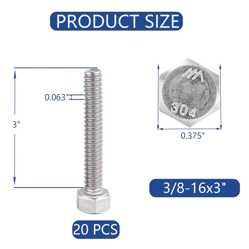 JROUTH 3/8-16 x3 Hex Head Screw Bolt(20 PCS), Lock Nuts,Flat & Lock Washers Kits, 304 Stainless Steel 18-8,Fully Threaded. - Image 2